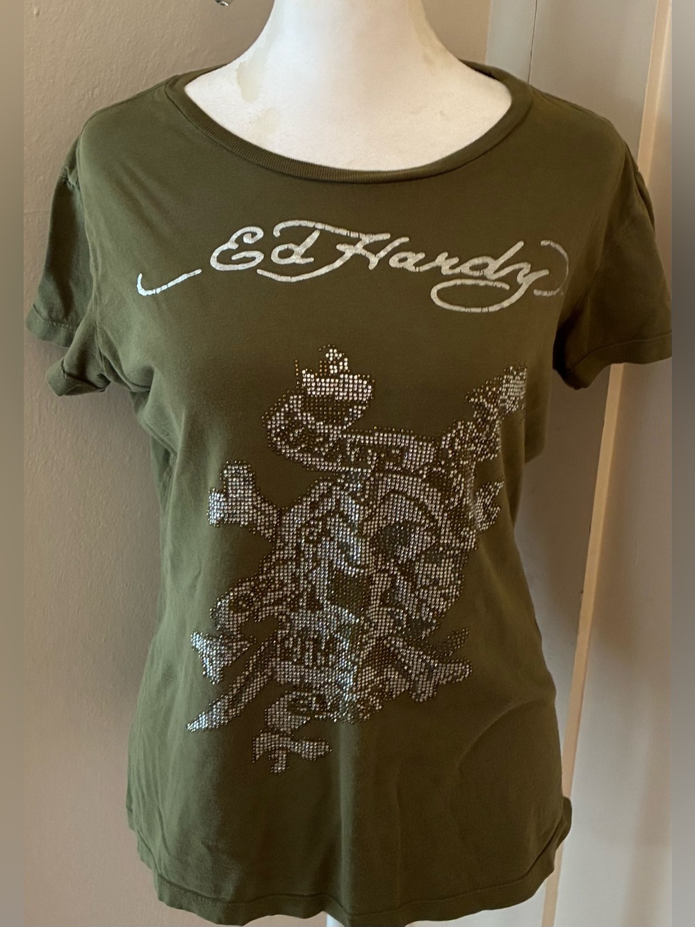 Ed Hardy Olive Green Rhinestone Graphic Tee🌺